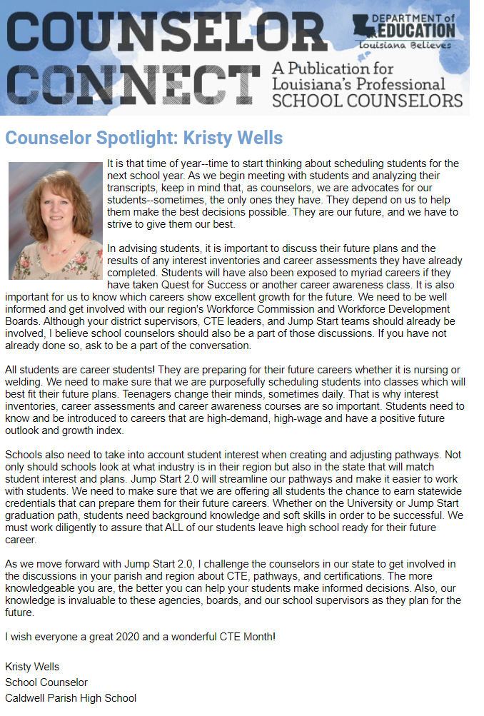 Kristy Wells LDOE Counselor Spotlight Article Feb 2020